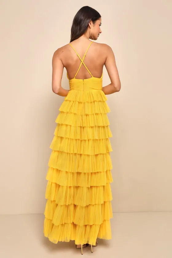 Radiant Event Yellow Mesh Tiered Ruffled Backless Maxi Dress sold by Lulus product image thumbnail 3