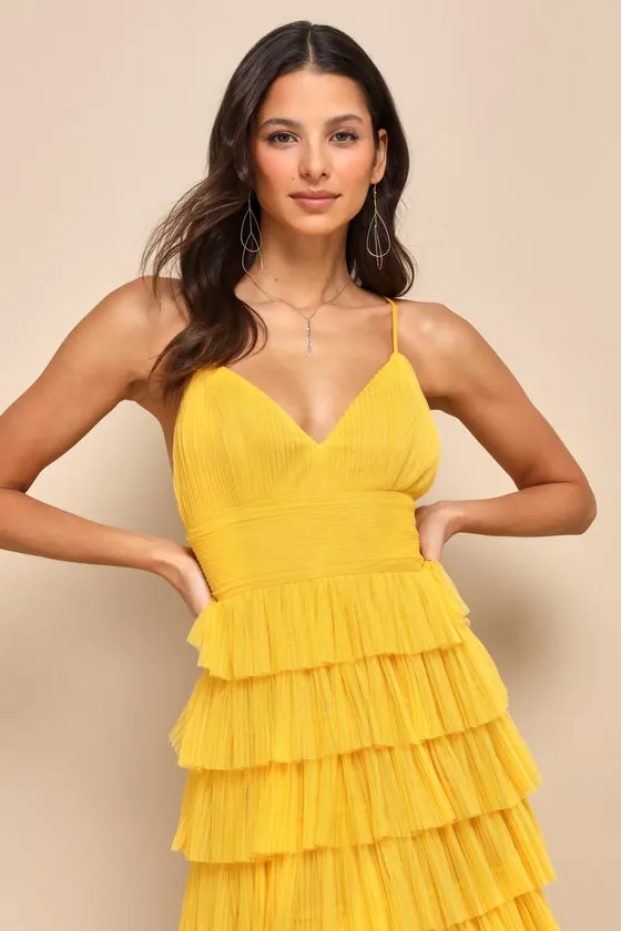 Radiant Event Yellow Mesh Tiered Ruffled Backless Maxi Dress sold by Lulus product image thumbnail 4