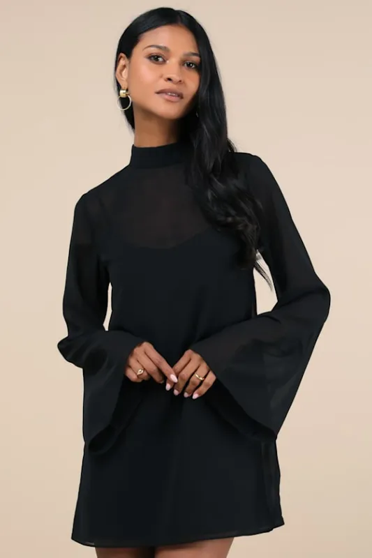 Perfected Charm Black Bell Sleeve Mini Shift Dress sold by Lulus