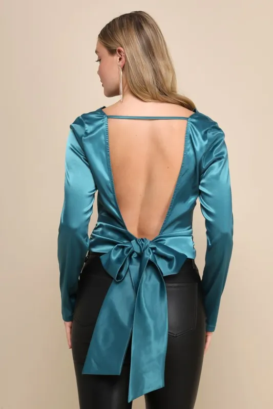 Lovely Outing Teal Green Satin Cowl Neck Backless Tie-Back Top sold by Lulus