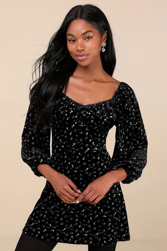 Adored Perfection Black Floral Velvet Balloon Sleeve Mini Dress sold by Lulus