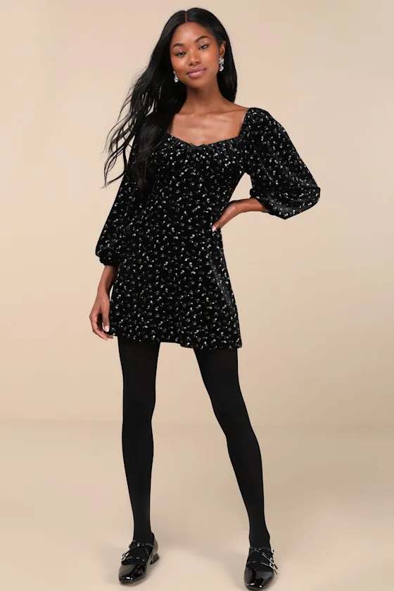 Adored Perfection Black Floral Velvet Balloon Sleeve Mini Dress sold by Lulus product image thumbnail 2