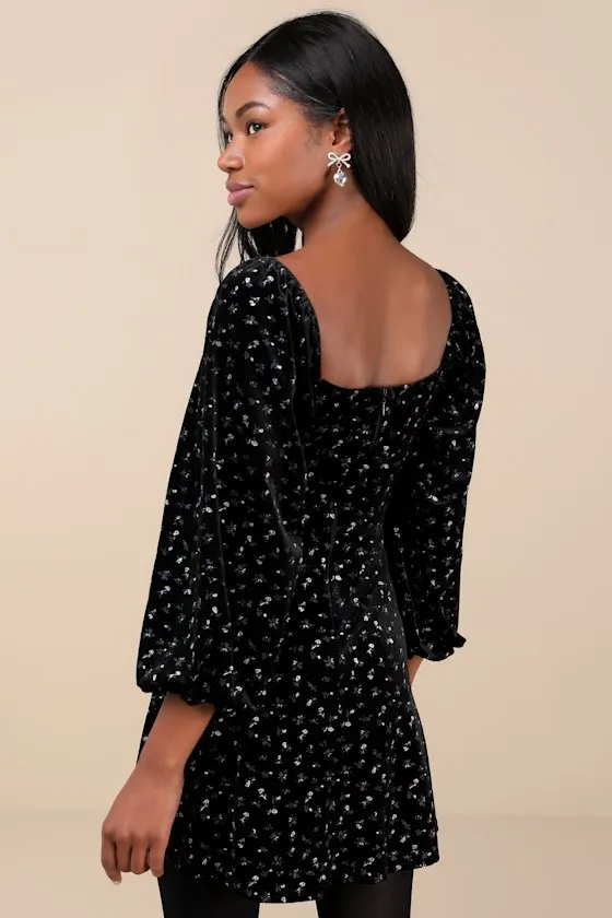 Adored Perfection Black Floral Velvet Balloon Sleeve Mini Dress sold by Lulus product image thumbnail 3