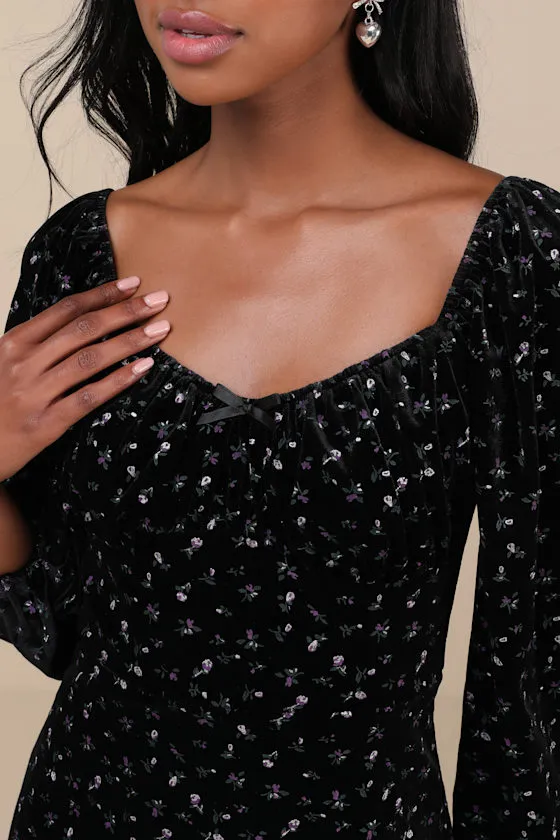Adored Perfection Black Floral Velvet Balloon Sleeve Mini Dress sold by Lulus product image thumbnail 4