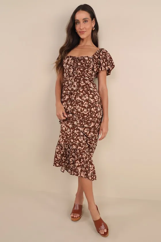 Remarkably Flourishing Brown Floral Puff Sleeve Midi Dress sold by Lulus