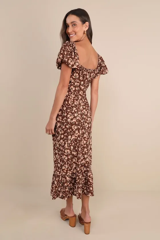 Remarkably Flourishing Brown Floral Puff Sleeve Midi Dress sold by Lulus product image thumbnail 2