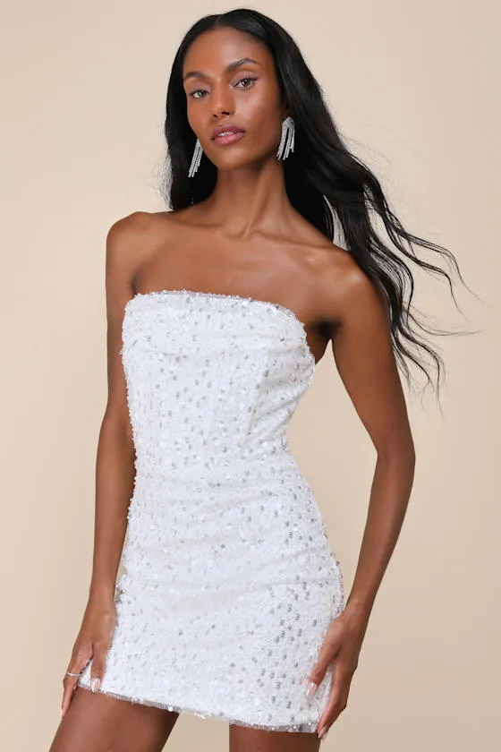 Essential Glamour White Sequin Pearl Strapless Mini Dress sold by Lulus