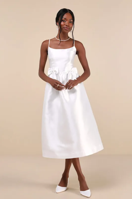 Classy Aesthetic White Taffeta Bow Midi Dress With Pockets sold by Lulus