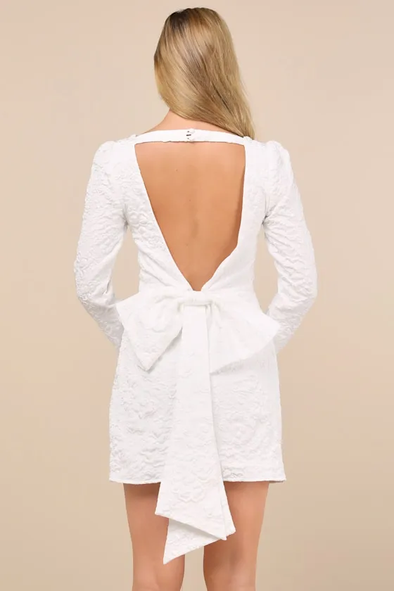 Elevated Icon White Jacquard Long Sleeve Bow Mini Dress sold by Lulus product image thumbnail 2