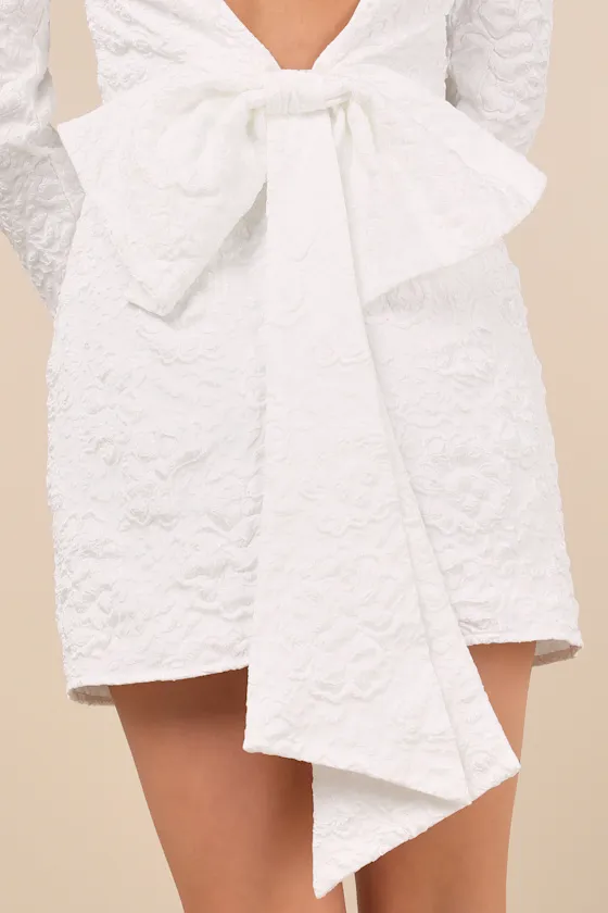 Elevated Icon White Jacquard Long Sleeve Bow Mini Dress sold by Lulus product image thumbnail 4