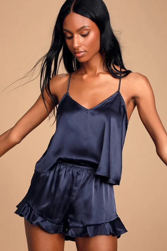 Sweetest Dreams Navy Blue Satin Ruffled Two-Piece Pajama Set sold by Lulus