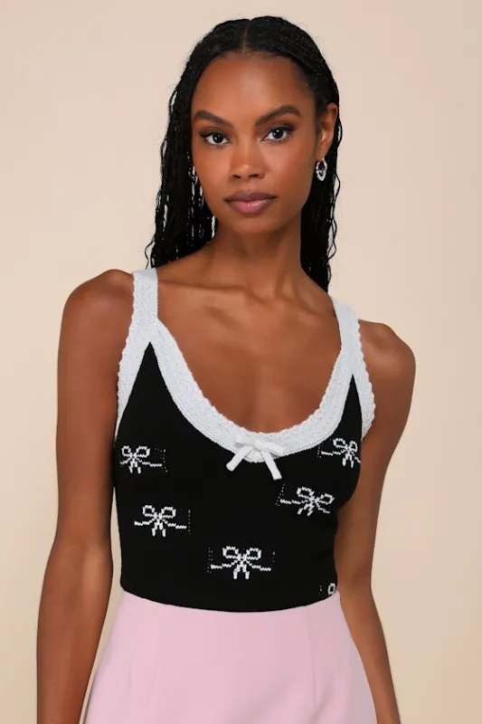 On the Bow Black and Ivory Bow Sweater Knit Tank Top sold by Lulus