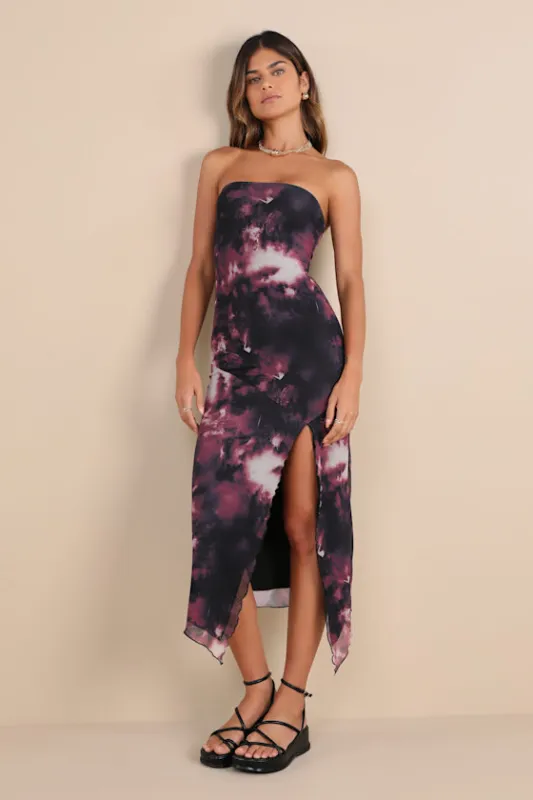 Paramount Poise Black Multi Abstract Strapless Mesh Midi Dress sold by Lulus