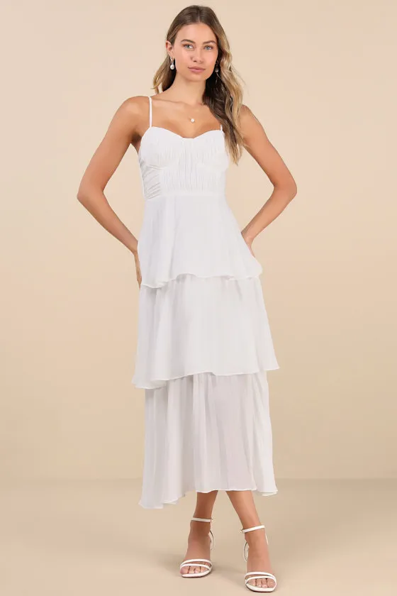 Cascading Crush White Tiered Bustier Midi Dress sold by Lulus