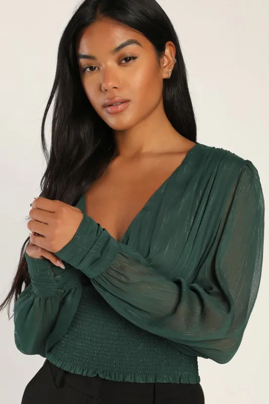 Shimmering Sophistication Emerald Lurex Smocked Long Sleeve Top sold by Lulus