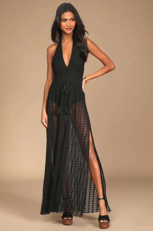 Destination Summer Black Crochet Halter Maxi Bodysuit Dress sold by Lulus
