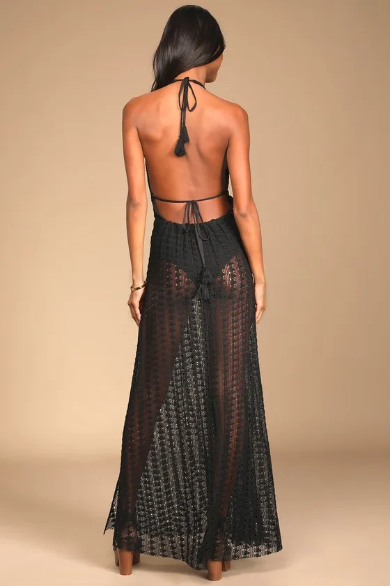 Destination Summer Black Crochet Halter Maxi Bodysuit Dress sold by Lulus product image thumbnail 3