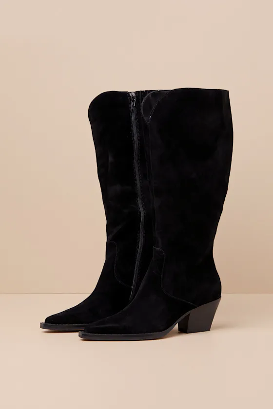 Raj Wide Calf Onyx Suede Leather Pointed-Toe Knee-High Boots sold by Lulus