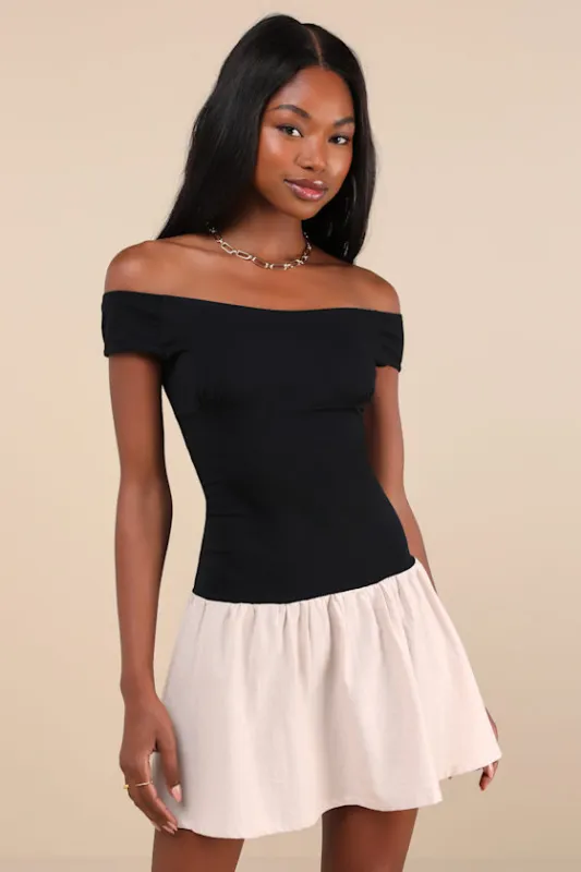Yael Black and Beige Off-the-Shoulder Drop Waist Mini Dress sold by Lulus