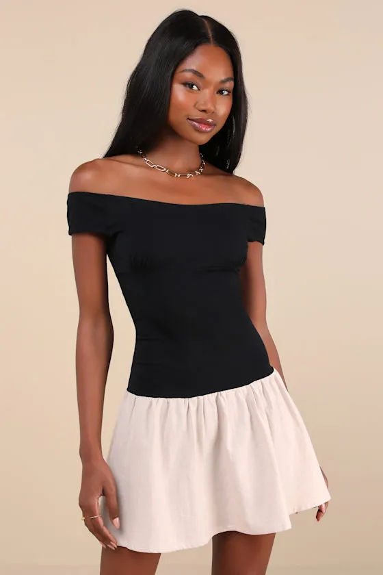 Yael Black and Beige Off-the-Shoulder Drop Waist Mini Dress sold by Lulus