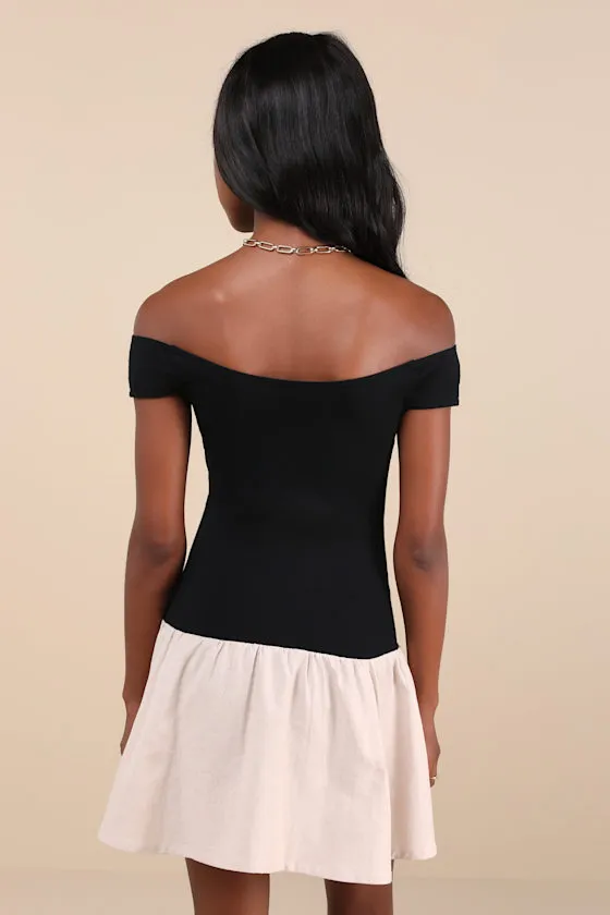 Yael Black and Beige Off-the-Shoulder Drop Waist Mini Dress sold by Lulus product image thumbnail 2