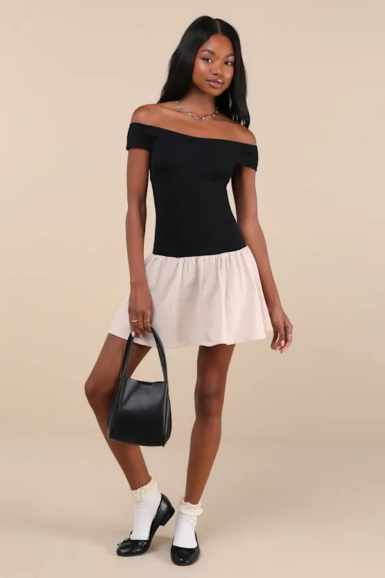 Yael Black and Beige Off-the-Shoulder Drop Waist Mini Dress sold by Lulus product image thumbnail 3