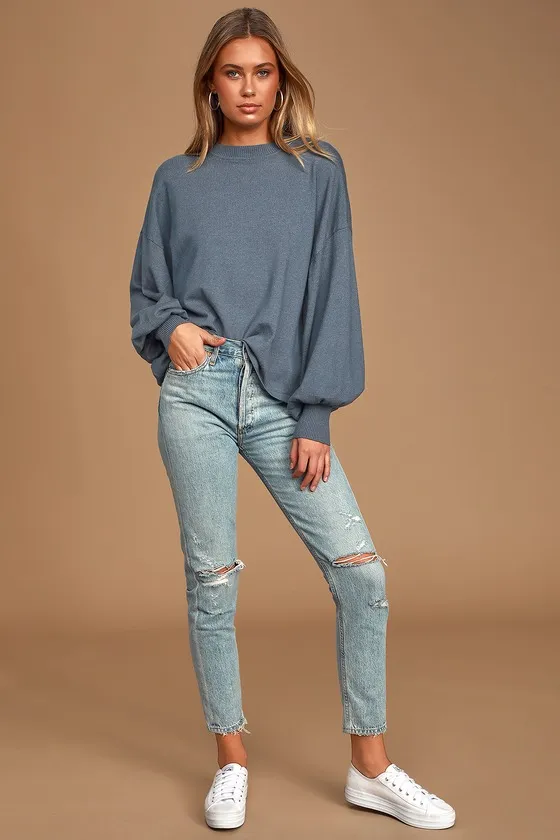 Cozy Comforts Slate Blue Dolman Sleeve Sweater Top sold by Lulus product image thumbnail 3