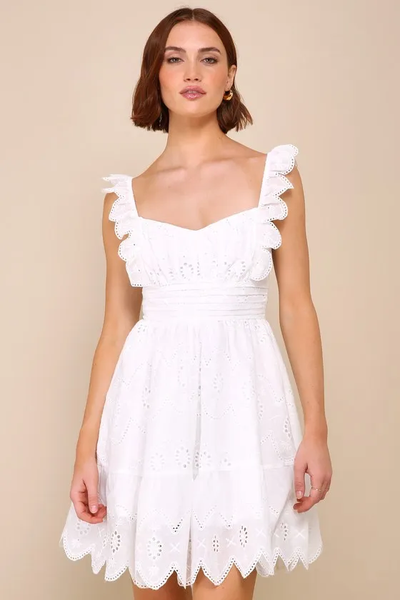 Sincerely Precious White Eyelet Embroidered Ruffled Mini Dress sold by Lulus