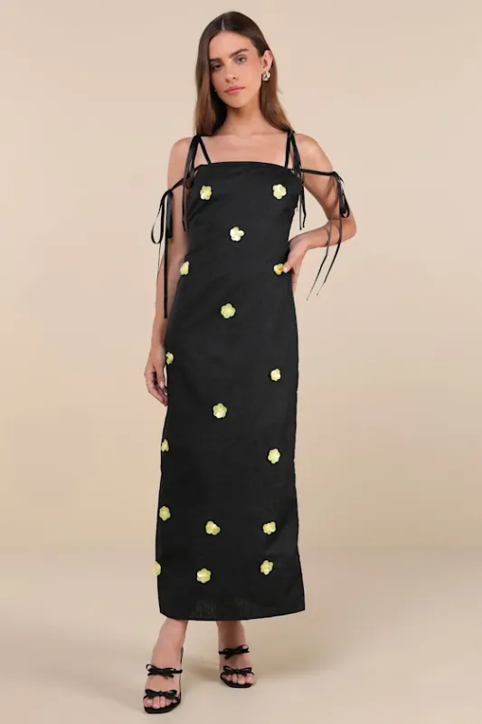 Fanciful Flower Black Jacquard Flower Tie-Strap Midi Dress sold by Lulus