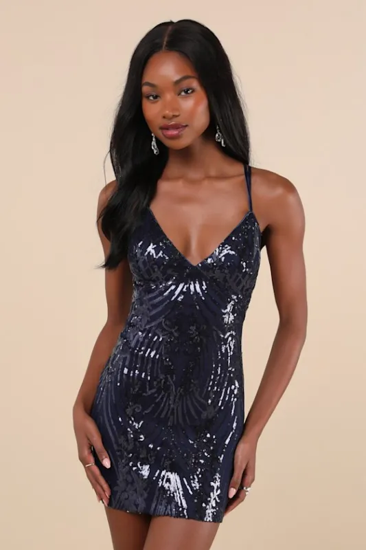 Dazzling Reputation Navy Blue Sequin Backless Bodycon Mini Dress sold by Lulus