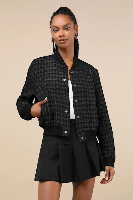 Coolest Forecast Black Houndstooth Jacquard Bomber Jacket sold by Lulus
