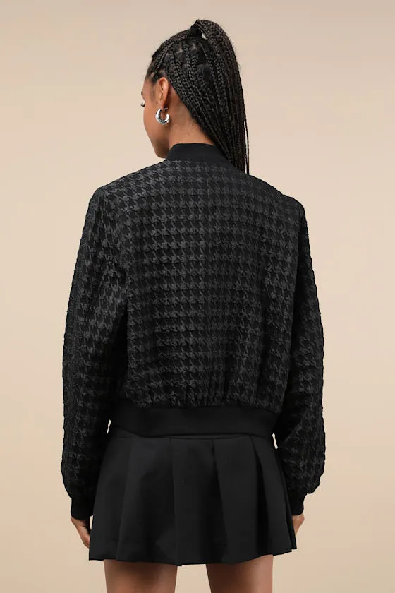 Coolest Forecast Black Houndstooth Jacquard Bomber Jacket sold by Lulus product image thumbnail 3