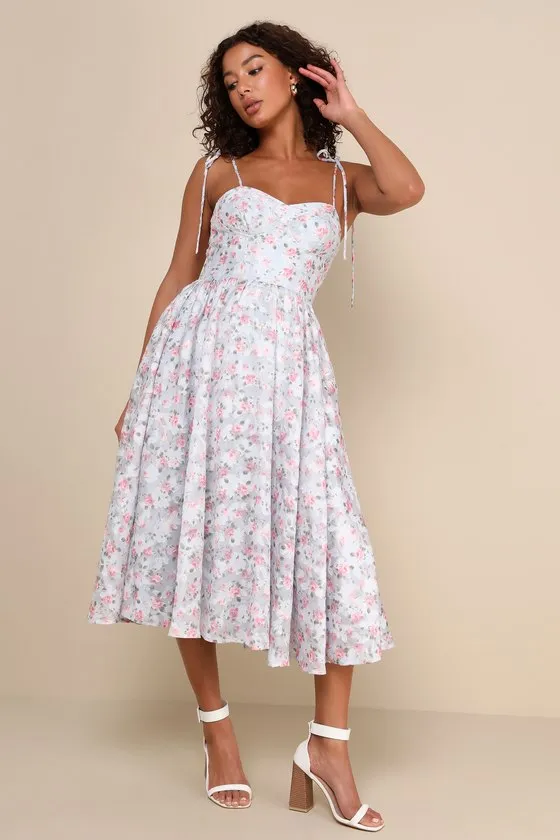 Adored Entrance Light Blue Floral Tie-Strap Bustier Midi Dress sold by Lulus