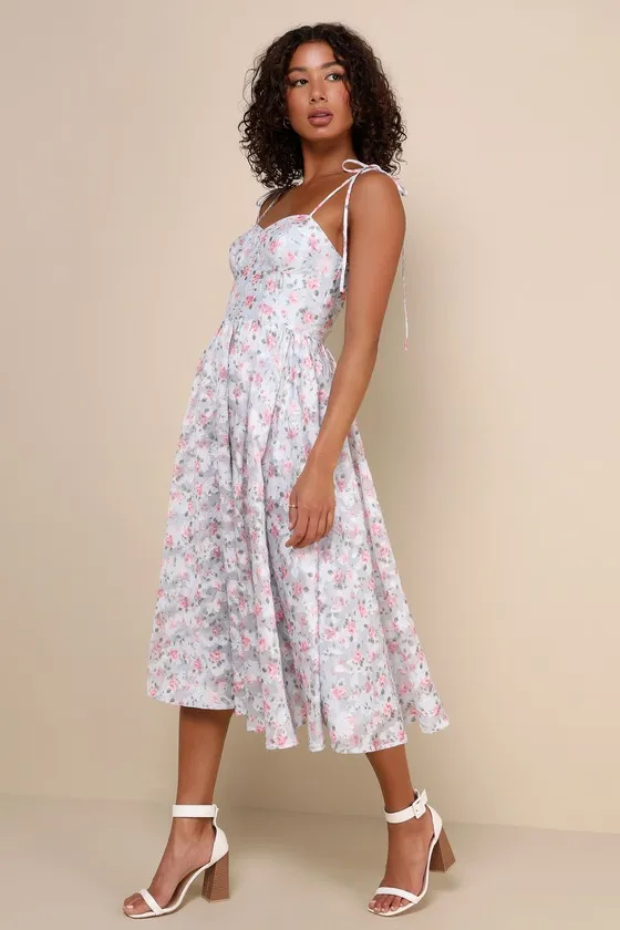 Adored Entrance Light Blue Floral Tie-Strap Bustier Midi Dress sold by Lulus product image thumbnail 2