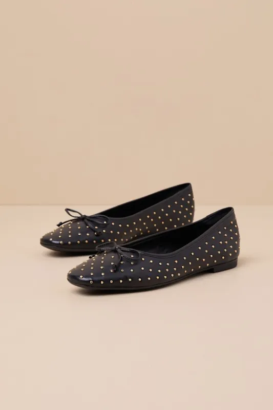 Arissa Black Studded Leather Bow Ballet Flats sold by Lulus
