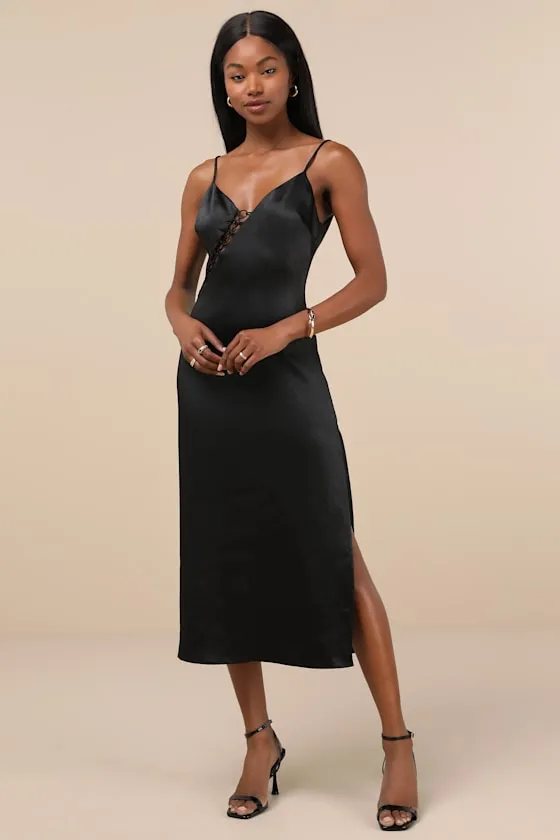Tempting Silhouette Black Satin Lace-Up Midi Dress sold by Lulus