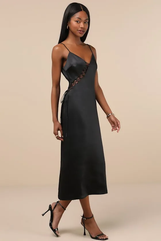 Tempting Silhouette Black Satin Lace-Up Midi Dress sold by Lulus product image thumbnail 3