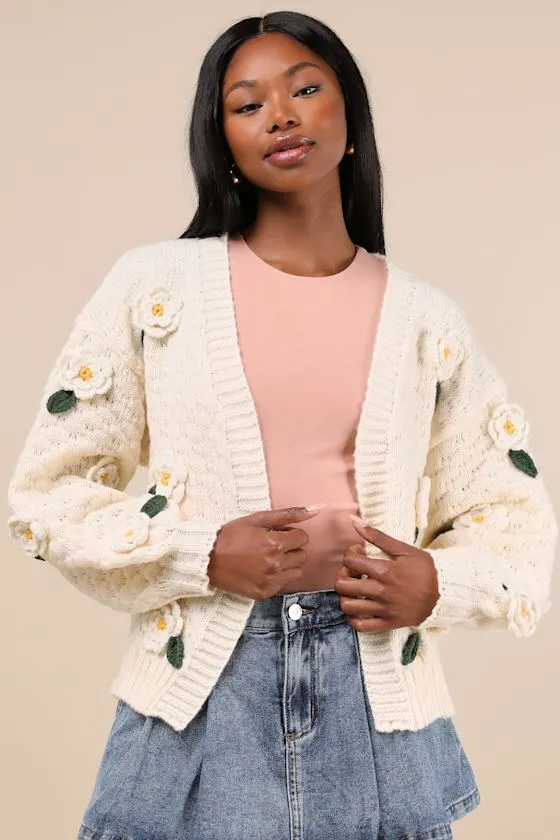 Chosen Charm Cream Knit Embroidered Cardigan Sweater sold by Lulus