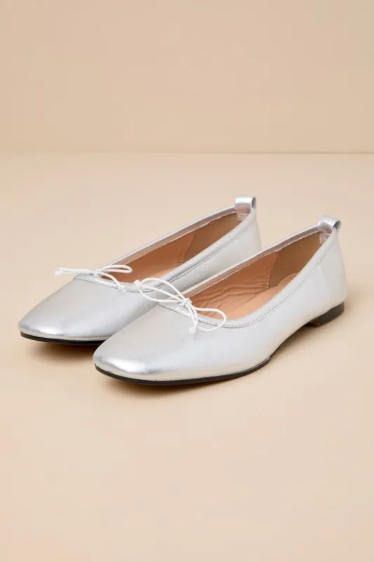 Nikki Silver Metallic Leather Bow Ballet Flats sold by Lulus