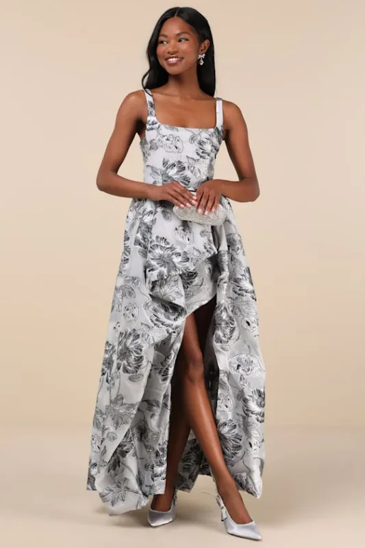 Blossom Silver Jacquard High-Low Maxi Dress sold by Lulus