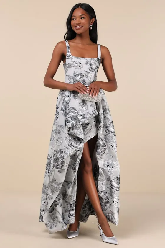 Blossom Silver Jacquard High-Low Maxi Dress sold by Lulus