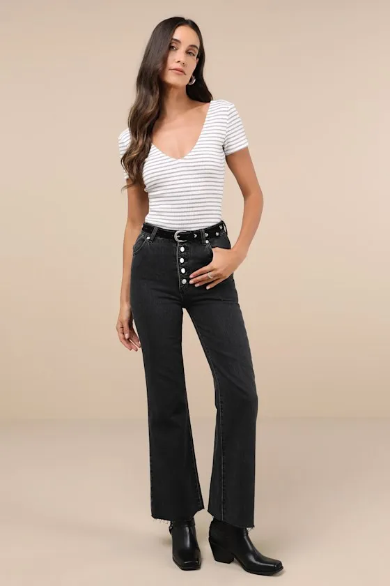 Sweetest Look White and Grey Striped Short Sleeve Bodysuit sold by Lulus product image thumbnail 3