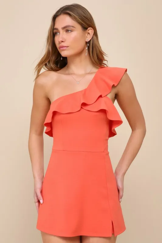 More Than Cute Coral Pink Ruffled One-Shoulder Skort Romper sold by Lulus