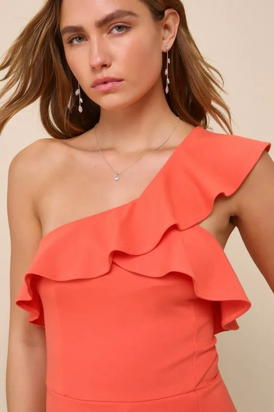 More Than Cute Coral Pink Ruffled One-Shoulder Skort Romper sold by Lulus product image thumbnail 3
