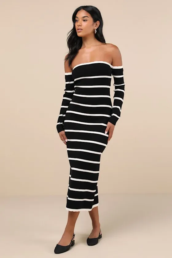 Chicest Side Black Striped Off-the-Shoulder Midi Sweater Dress sold by Lulus