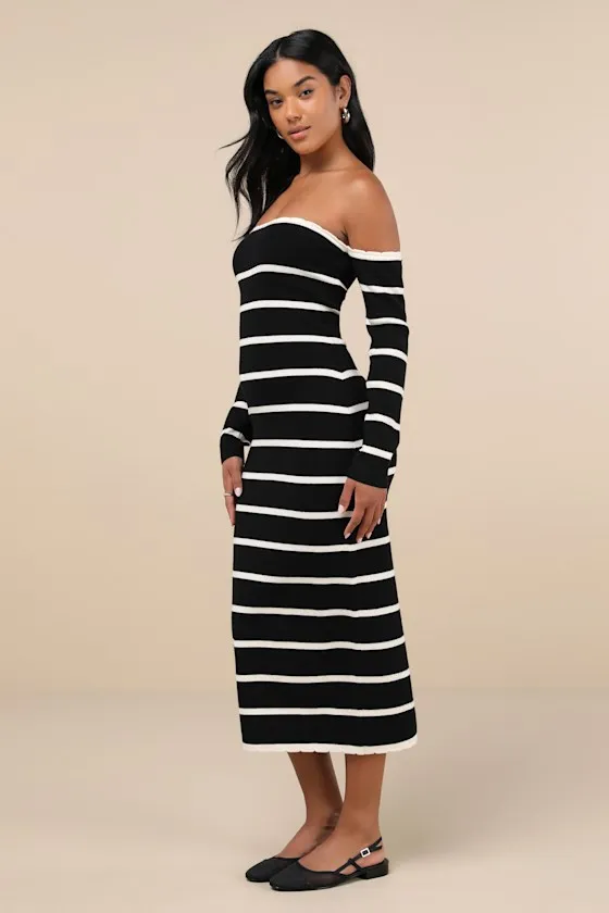 Chicest Side Black Striped Off-the-Shoulder Midi Sweater Dress sold by Lulus product image thumbnail 2