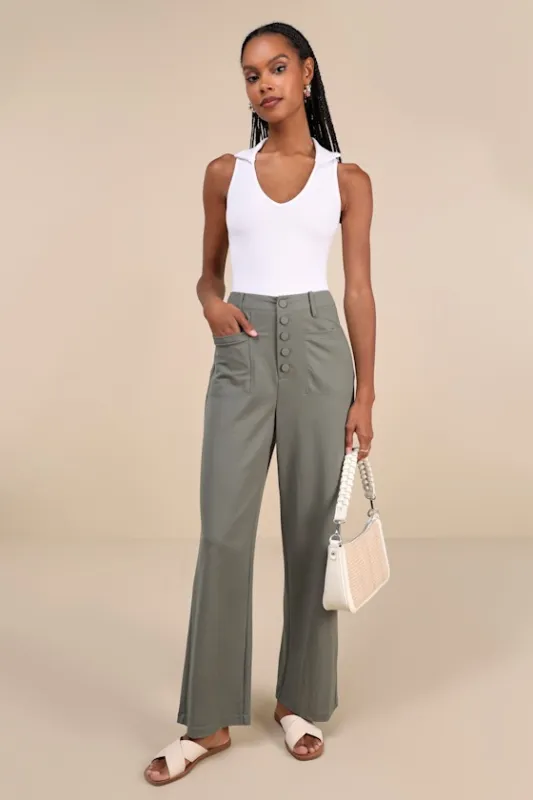 Instinctively Elevated Olive High-Rise Button-Fly Wide-Leg Pants sold by Lulus