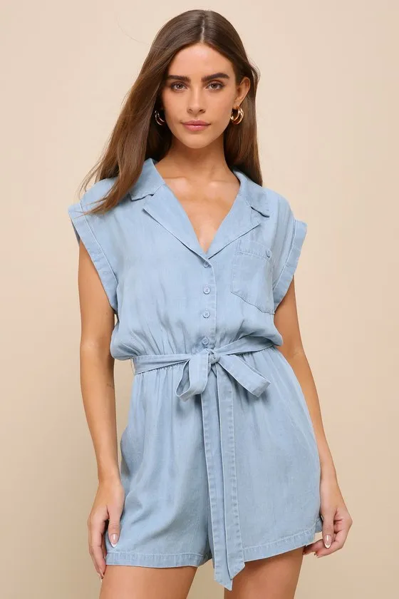 Sweet Pursuit Light Wash Chambray Collared Romper sold by Lulus