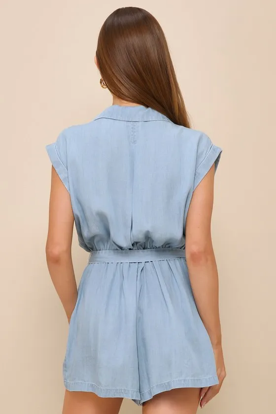 Sweet Pursuit Light Wash Chambray Collared Romper sold by Lulus product image thumbnail 3