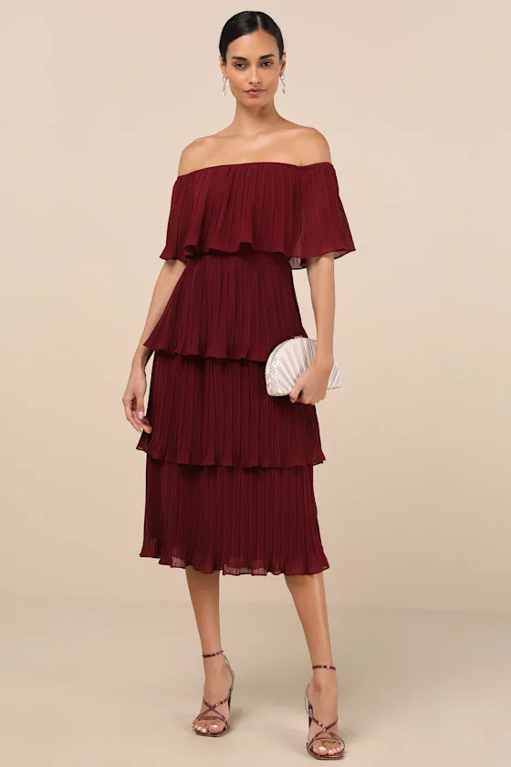 Gala Ready Wine Red Off-the-Shoulder Ruffle Midi Dress sold by Lulus